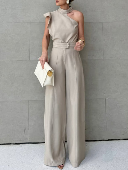 Casual Ruffle Mouw Haltertop Met Eenvoudige Effen Kleur Rechte Broek Set