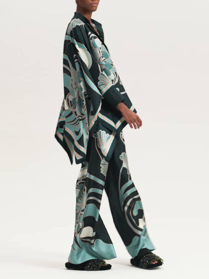 Elegante Abstracte Print Satijnen Blouse & Wijde Pantalon Set