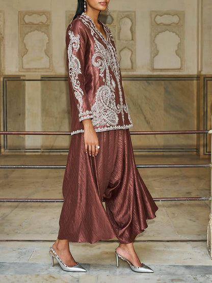 Uniek Paisley Patroon V-Hals Losse Top En Geplooide Harem Wijde Pantalon Set