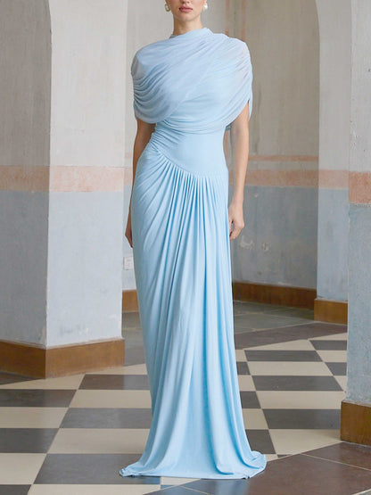 Elegante Asymmetrische Rimpelige Maxi Jurk met Korte Mouwen