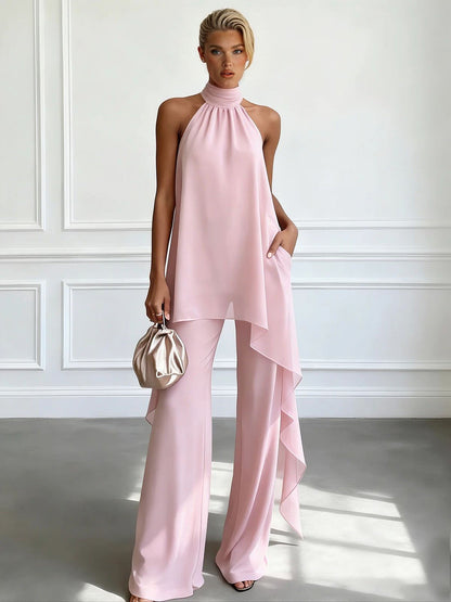 Elegante Halternek Asymmetrische Chiffon Top & Wijde Pantalon Set