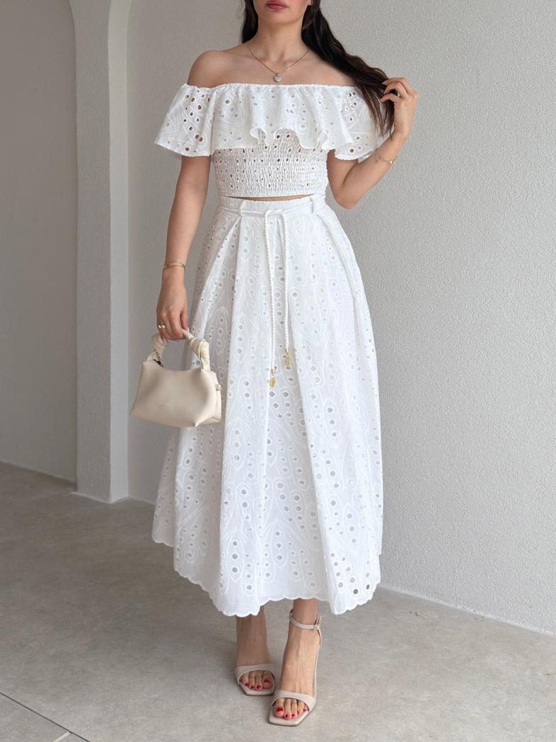 Exquise Uitgesneden Borduursel Off-Shoulder Ruffle Twee-Piece Crop Set