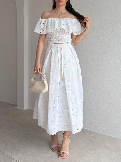 Exquise Uitgesneden Borduursel Off-Shoulder Ruffle Twee-Piece Crop Set