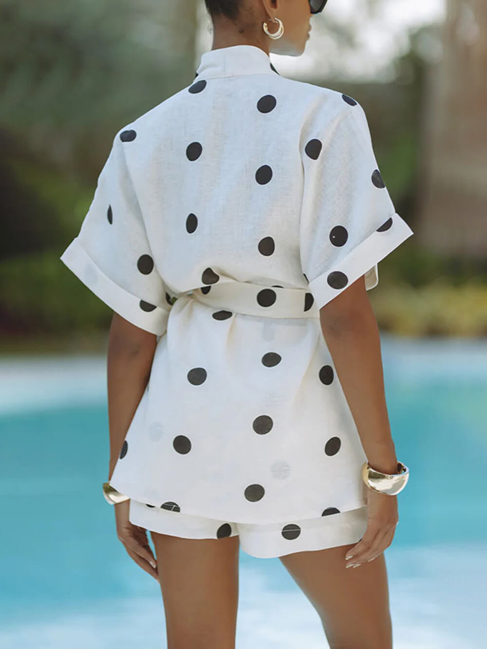Speelse Linnen Polka Dot Prints Strik Kimono Top en Elastische Taille Korte Broek Set