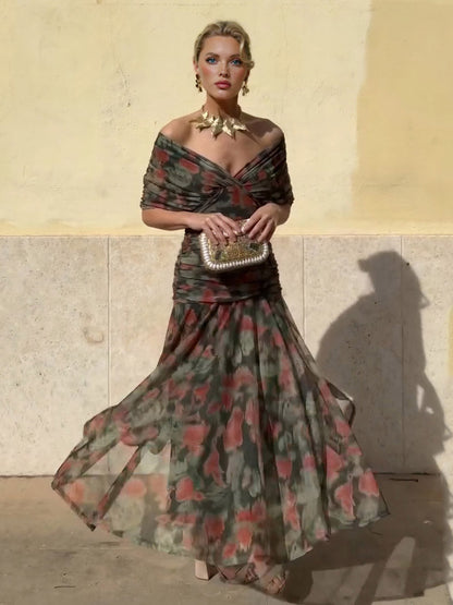 Elegante Mesh Aquarel Print Geplooide Maxi Jurk