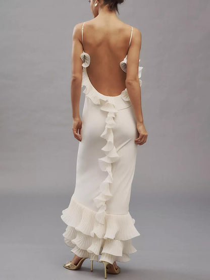 Elegante Geplooide Chiffon Ruffle Trim Spaghetti Strap Maxi Jurk