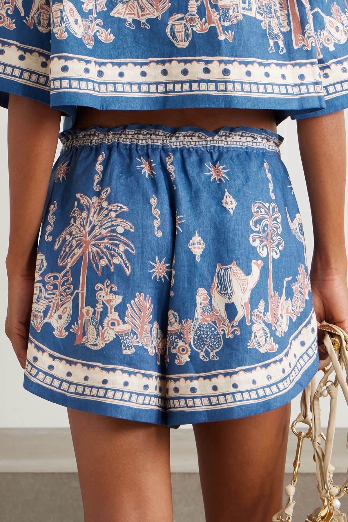 Unieke Bloemenprint Linnen Korte Mouwen Shirt en Shorts Set