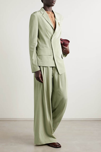 Mode Asymmetrische Crepe Blazer Geplooide Zak Brede Pantalon Set