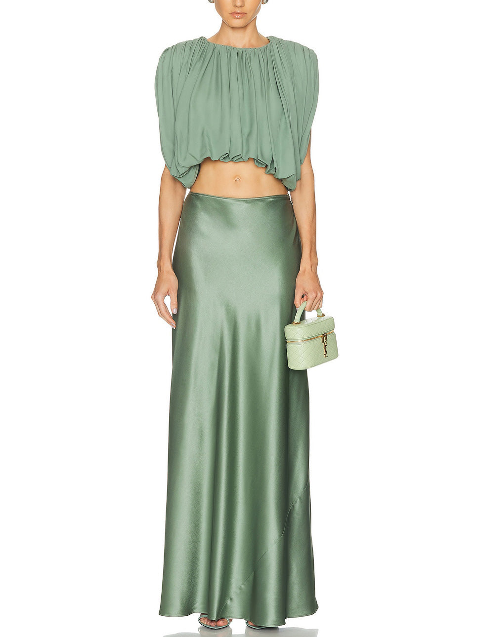 Elegante Gerimpelde Crop Top & Satijnen Midi Rok Set