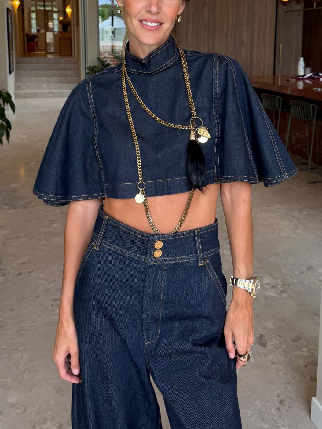 Moderne Denim Cape Top & Hoge Taille Tapered Broek Twee-delige Set