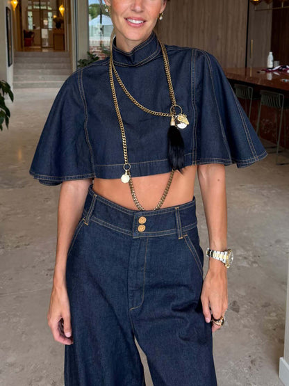 Moderne Denim Cape Top & Hoge Taille Tapered Broek Twee-delige Set