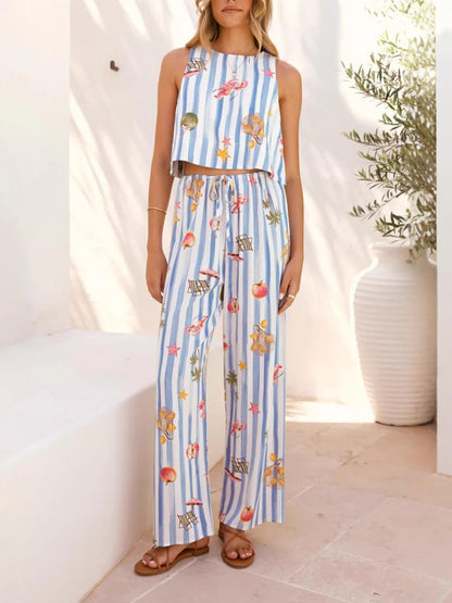Casual Fruit Print Linnen Mouwloos Gestreept Set