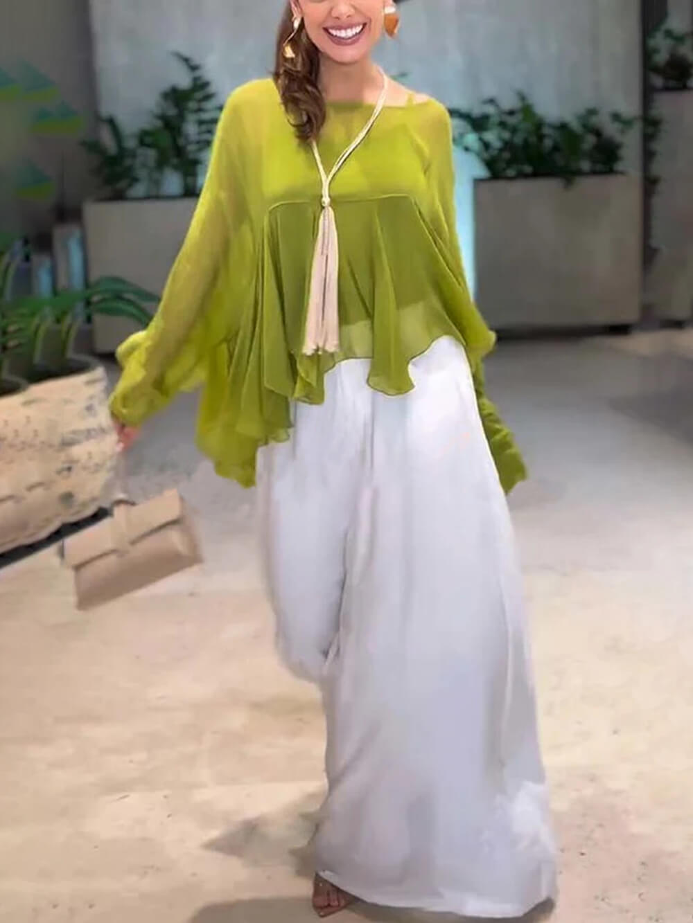 Elegante Romantische Reis Chiffon Ruffle Batwing Mouw Top