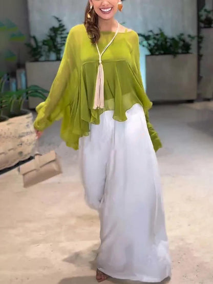 Elegante Romantische Reis Chiffon Ruffle Batwing Mouw Top