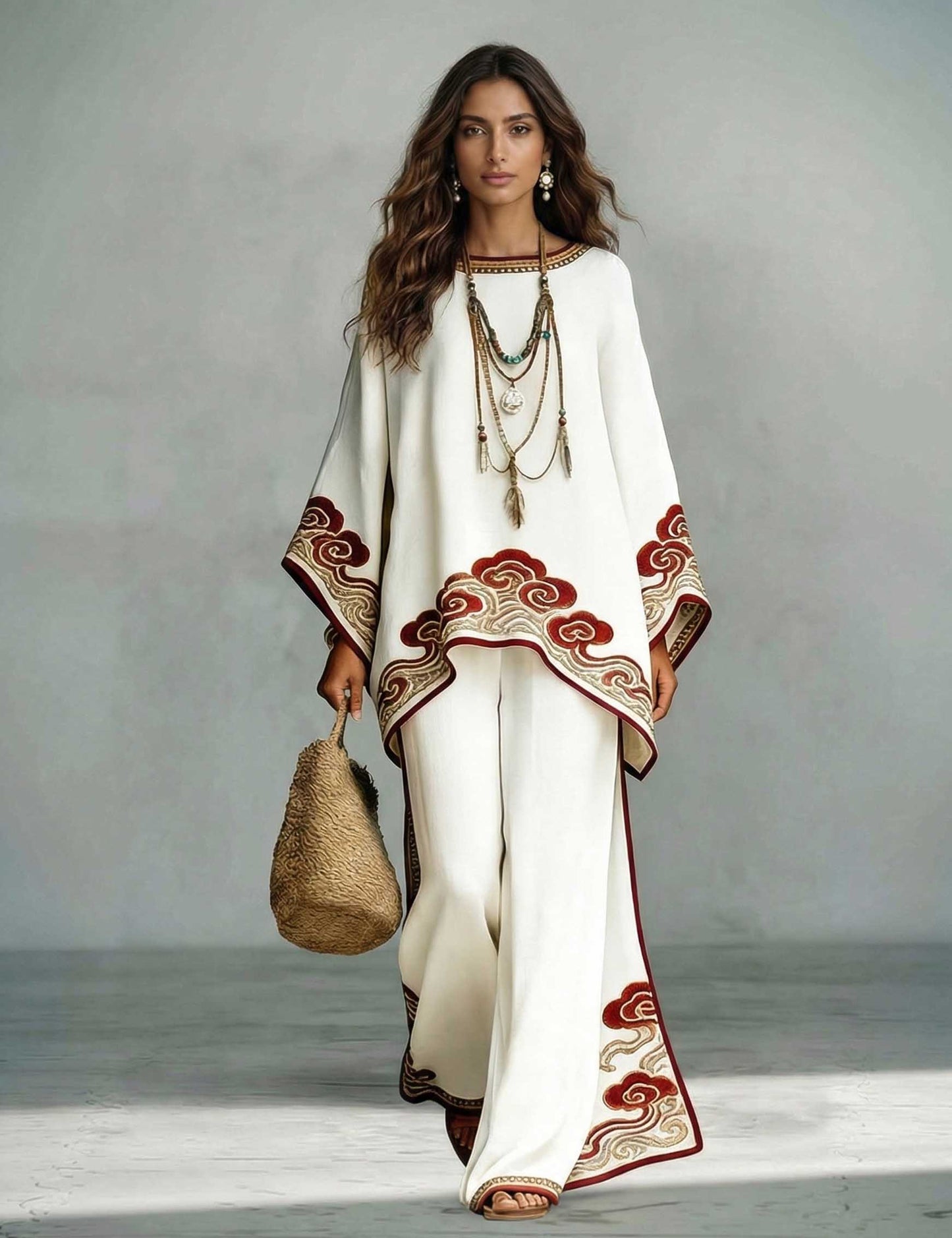Elegante Satijnen Cloud Print Losse Kaftan Top & Broek Twee-Piece Set