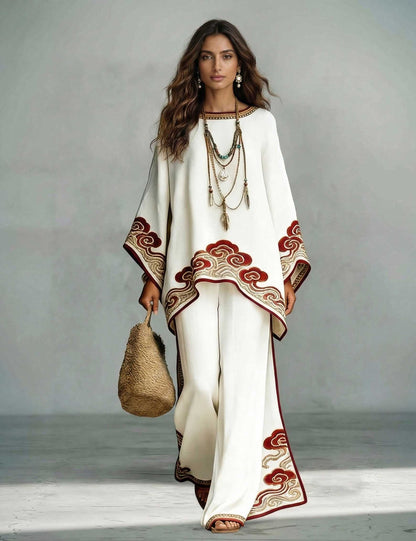 Elegante Satijnen Cloud Print Losse Kaftan Top & Broek Twee-Piece Set