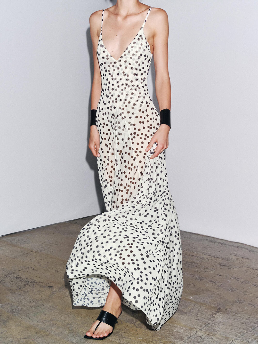 Elegante Polka Dot Print V-Hals Spaghetti Band Flounce Hem Maxi Jurk