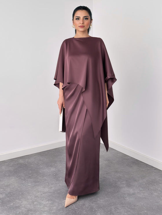 Elegante Satijnen Cape Mouw Top & Maxi Rok Twee-Piece Set