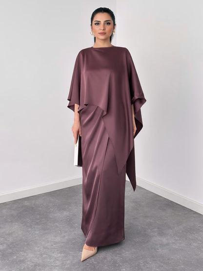 Elegante Satijnen Cape Mouw Top & Maxi Rok Twee-Piece Set