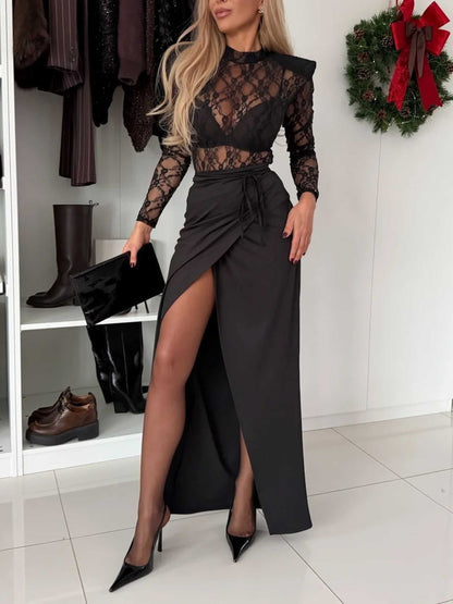 Elegante Kant Bodysuit En Rok Twee-delige Set