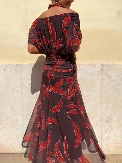 Elegante Off-Shoulder Rimpelblad Print Maxi Jurk