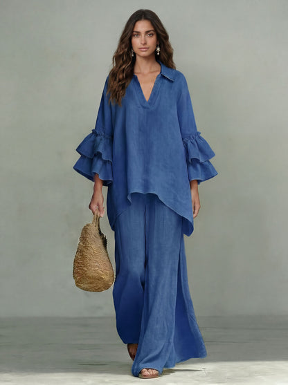 Casual Ruffle Mouw V-Hals Top & Hoge Taille Wijde Broek Set