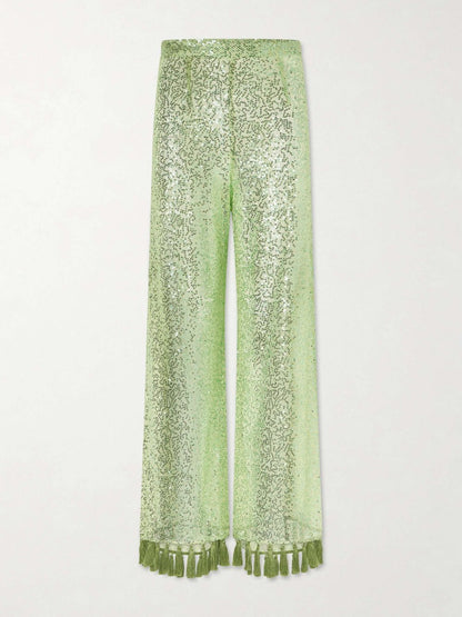 Elegante Eén-Schouder Pailletten Franje Top & Flared Broek Twee-Delige Set
