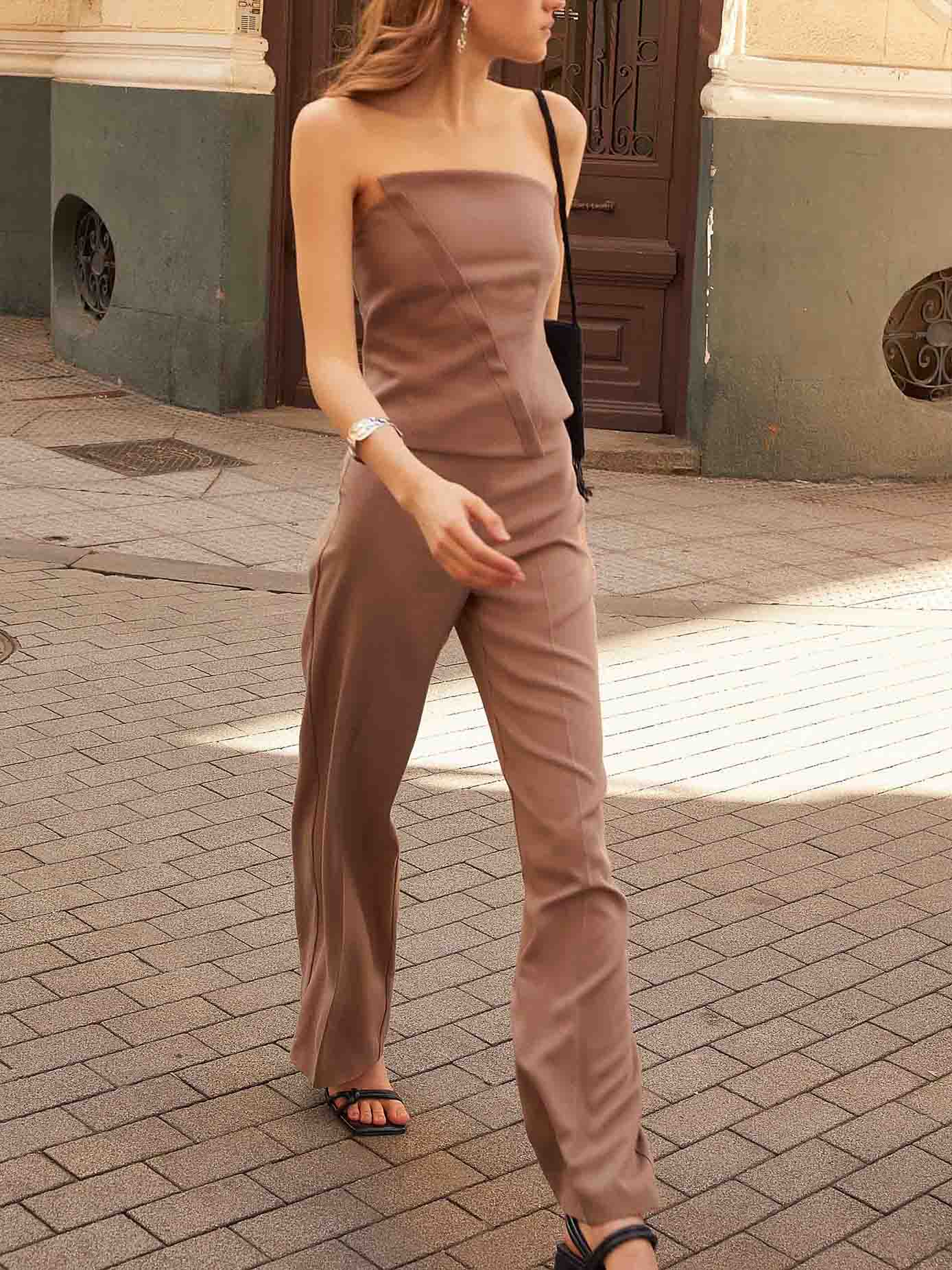 Elegante Strapless Top En Brede Pantalon Twee-Piece Set