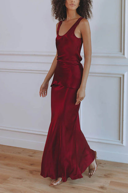 Elegante Asymmetrische Ronde Hals Satijnen Top en Vissenstaart Rok Set