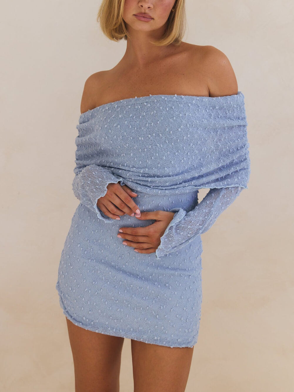 Zomer Boucle Brei Off-The-Shoulder Halslijn Prom Mini Jurk