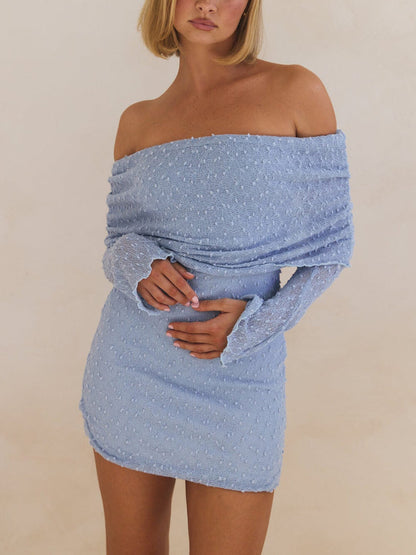 Zomer Boucle Brei Off-The-Shoulder Halslijn Prom Mini Jurk
