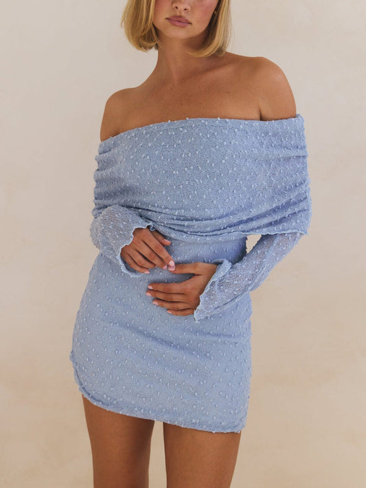 Zomer Boucle Brei Off-The-Shoulder Halslijn Prom Mini Jurk