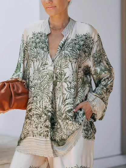 Casual Palm Leaf Print Losse Shirt En Wijde Pantalon Set