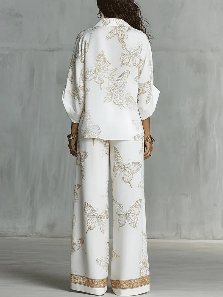Elegante Vlinderprint Rits Top & Wijde Pantalon Set