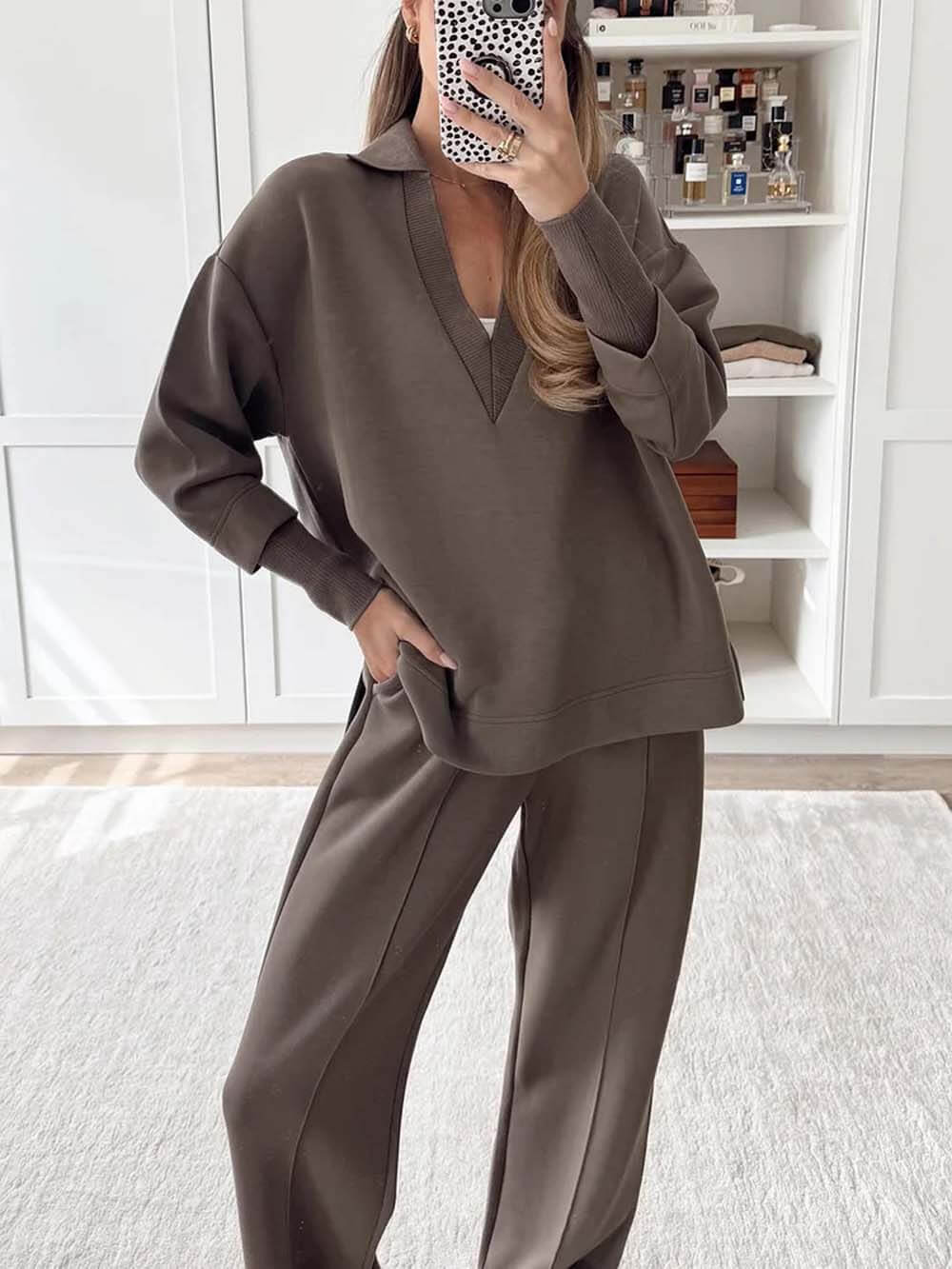 Casual Bruine V-Hals Lange Mouwen Sweatshirt & Elastische Taille Broek Set