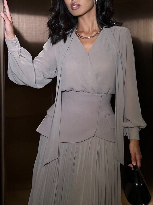 Elegante Blouse met Strik en Lange Mouwen & Hoge Taille Geplooide Maxi Rok Set