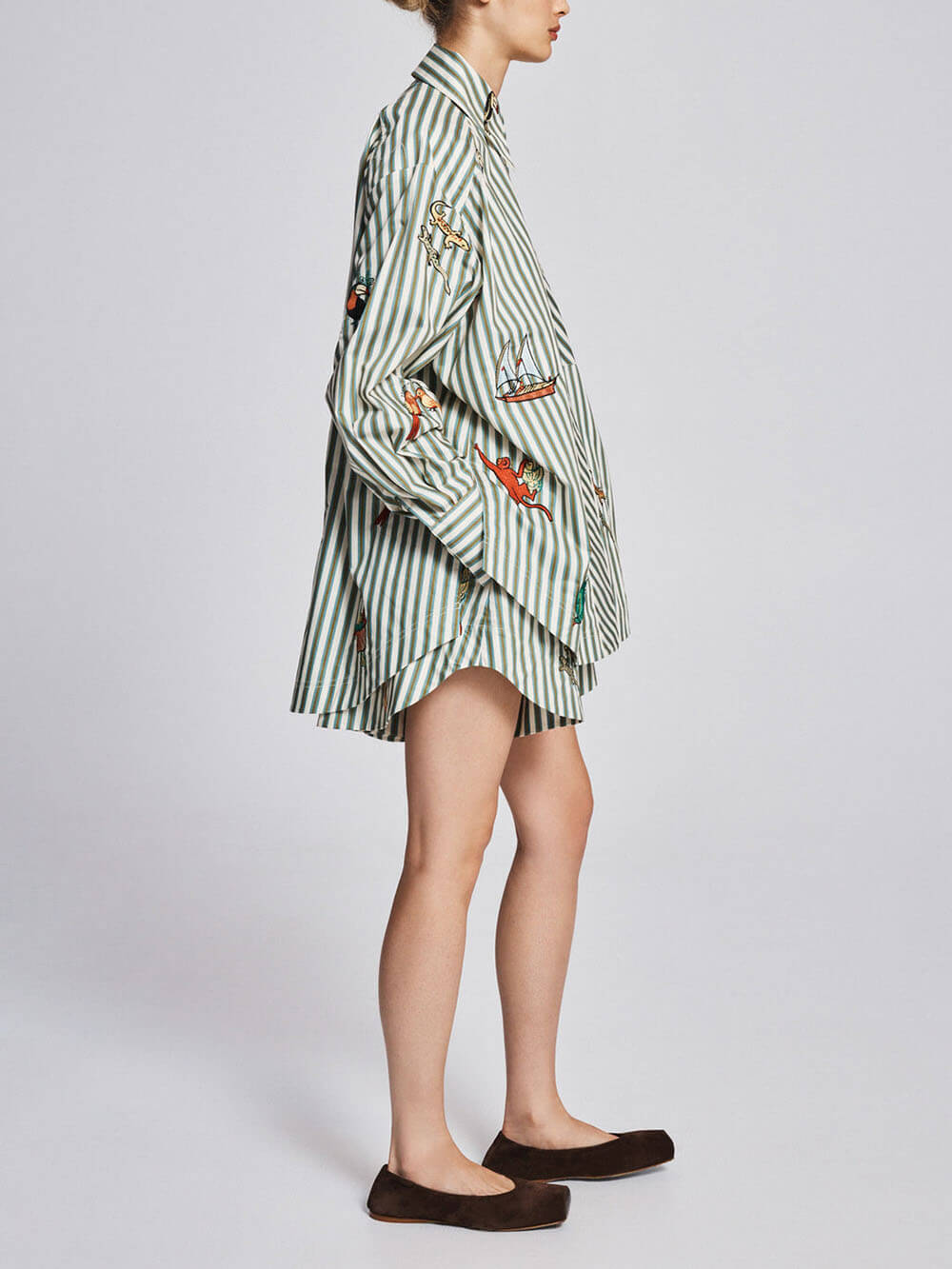 Unieke Gestreepte Print Knoopshirt met Lange Mouwen en Elastische Taille Met Koordshorts Set