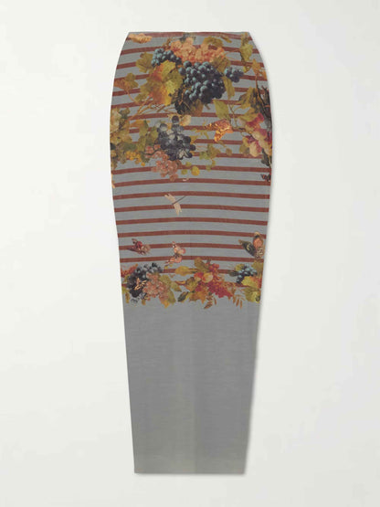 Artistieke Bloemenstreep Mesh Top & Midi Rok Twee-delige Set