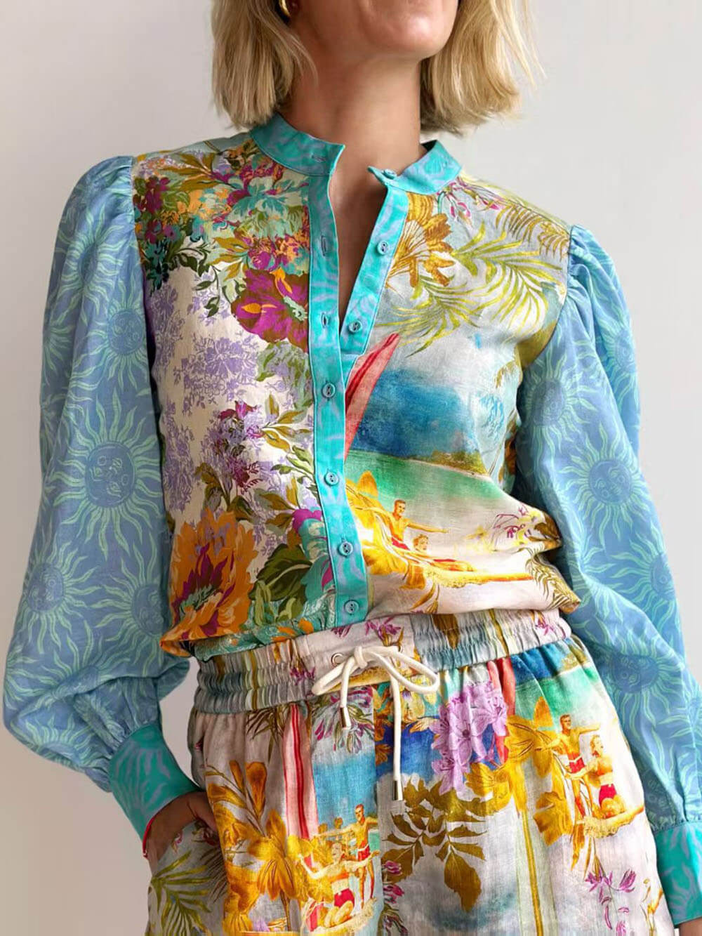 Klassiek Uniek Print Linnen Lange Mouwen Shirt En Shorts Set