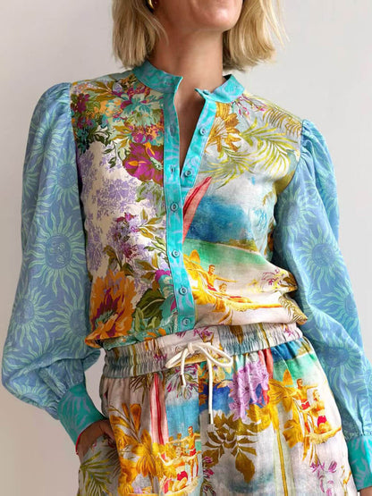 Klassieke Unieke Print Linnen Lange Mouwen Shirt En Shorts Set