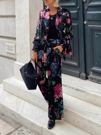 Retro Bloemenprint Blazer & Hoge Taille Wijde Pantalon Set