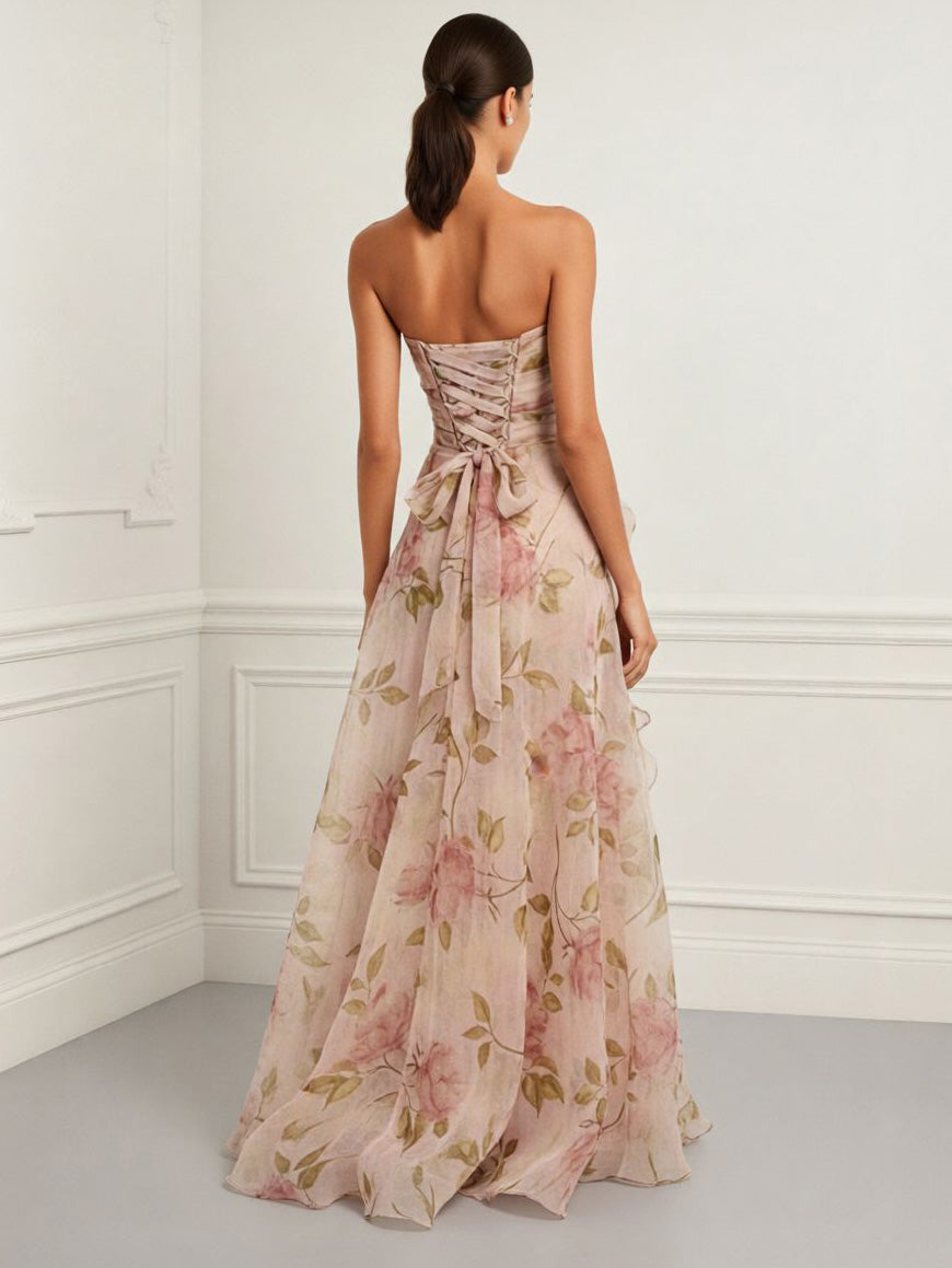 Elegante Strapless Bloemenprint Chiffon Maxi Jurk