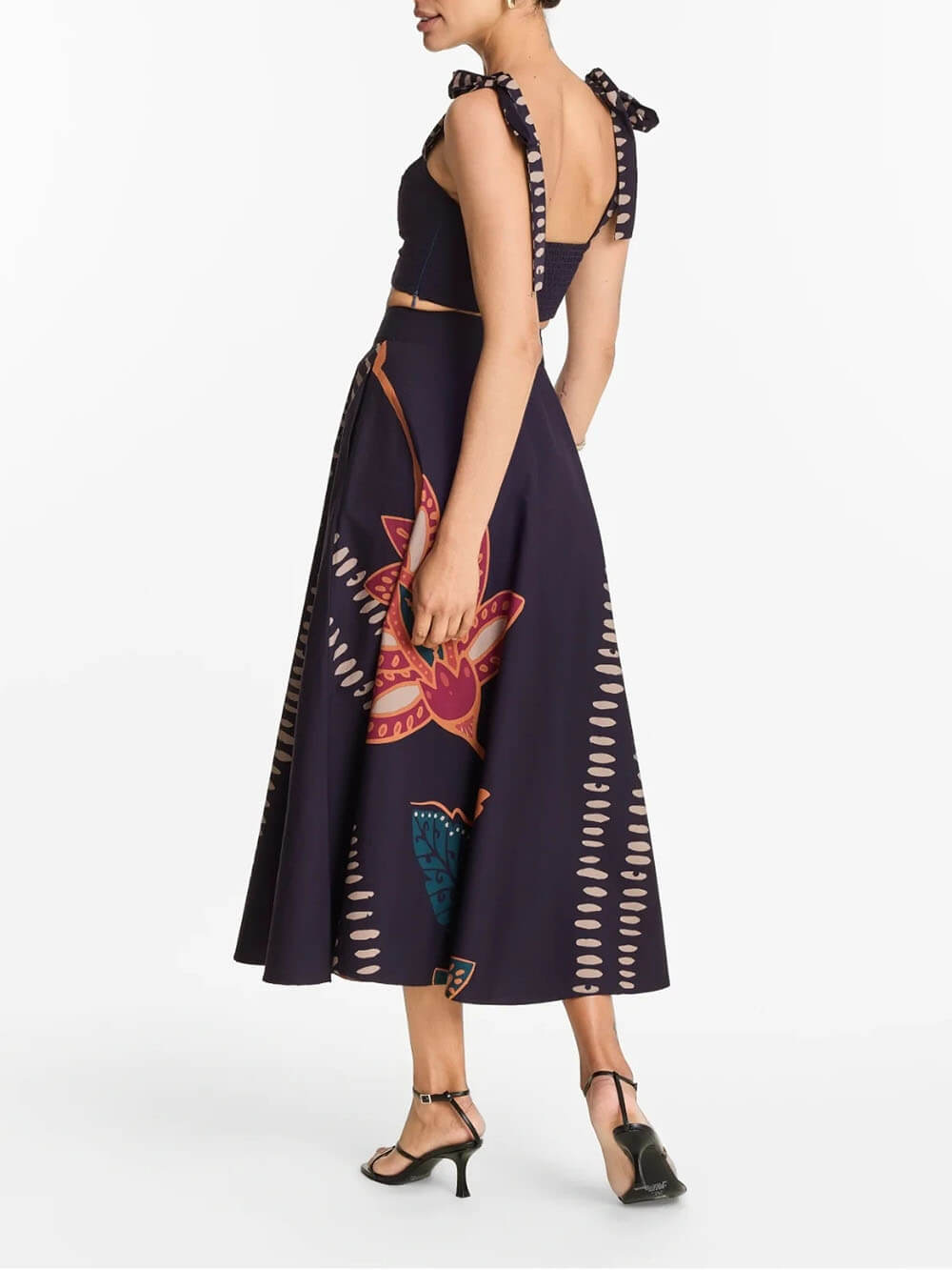 Exquise vierkante hals strik tanktop en bedrukte A-lijn hoge taille midi rok set