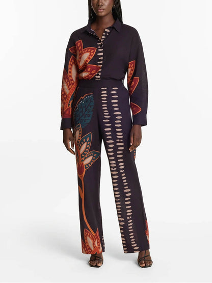 Exquise Bloemenprint Linnen Knop-Up Top En Losse Broek Set