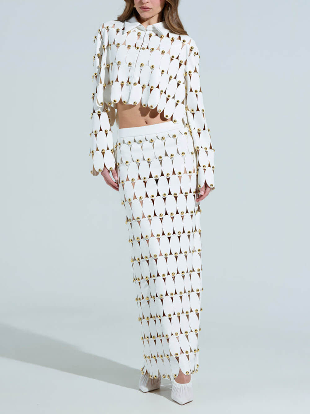 Exquise Cut-Out Studded PU Cropped Cardigan Top en Maxi Rok Set