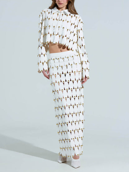 Exquise Cut-Out Studded PU Cropped Cardigan Top en Maxi Rok Set