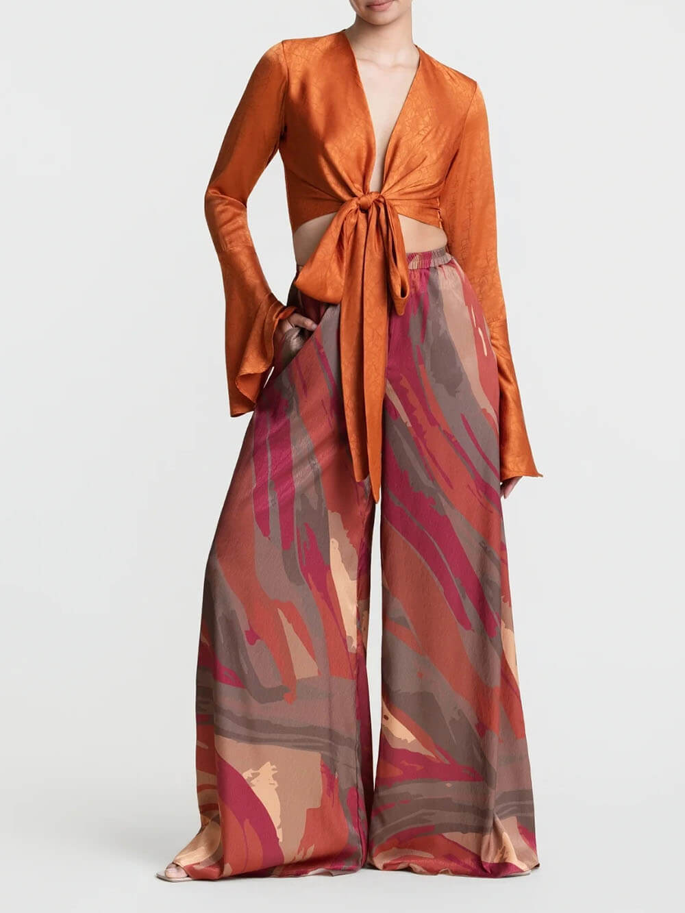 Casual Bell-Sleeve Tie-Up Top met Kleurrijke Print Hoge Taille Wijde Broek Set