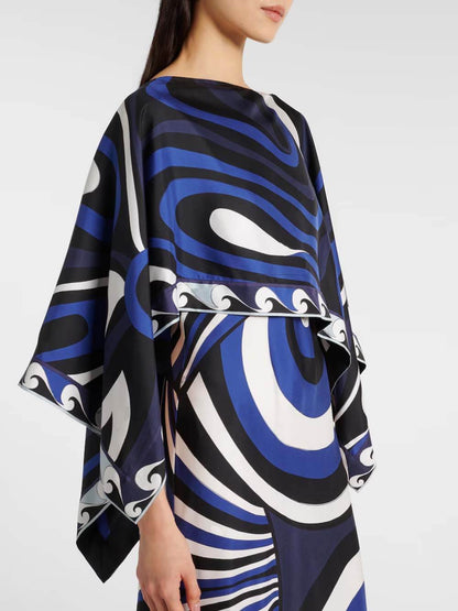 Exquise Swirl Regenboogprint Maxi Jurk en Losse Cape Top Set
