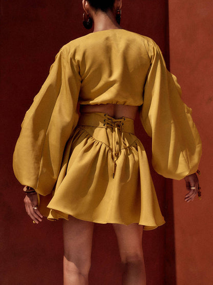 Sexy Trekkoord Crop Top En Hoge Taille Mini Rok Set