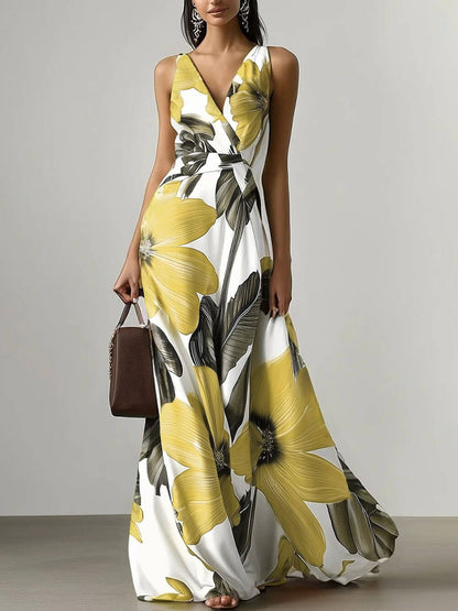 Elegante Bloemenprint Klassieke V-Hals Mouwloze A-Lijn Maxi Jurk